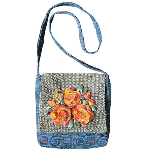 Handbags - Handcrafted Blue Tapestry Fabric Crossbody Bag with Silk Flower Accents